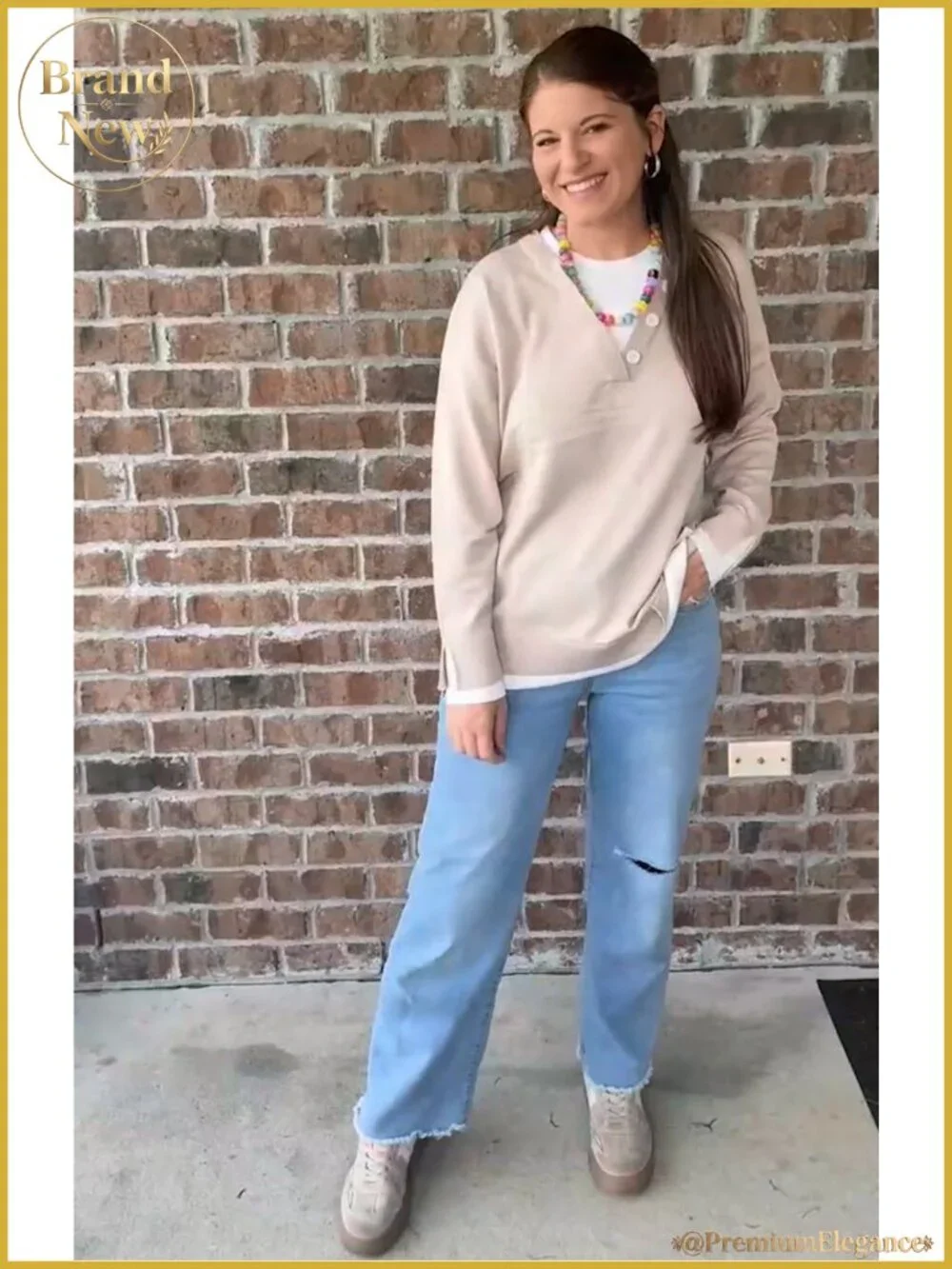 Women's Knit Pullover Sweater Long Sleeve Crewneck Buttons Loose Fit Fall
